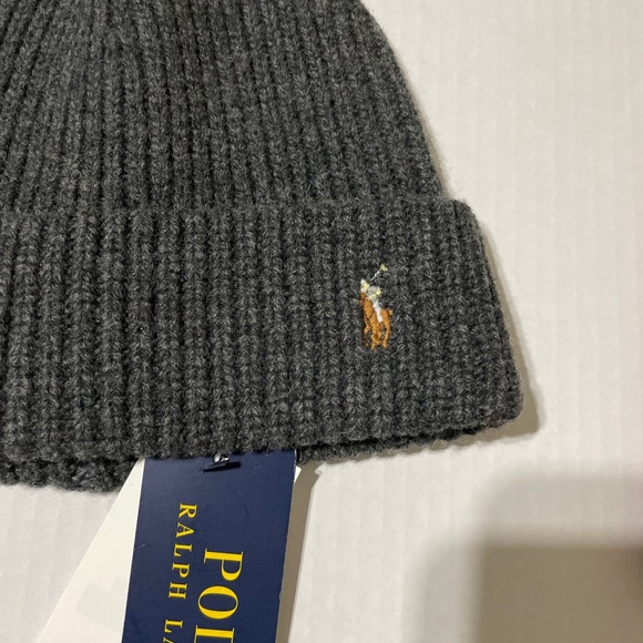 NWT Mens Polo Ralph Lauren Signature Pony Logo Cuffed Knit Beanie Hat Cap Gray - Picture 5 of 7